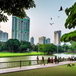 **Prompt:** A bustling Bangkok cityscape with modern buildings interspersed with lush green parks and trees. In the foreground, a monitor lizard casually strolls through a park, coexisting peacefully with people enjoying the space. Birds are flying overhead, and a few bats are visible in the evening sky. The overall tone is harmonious, showcasing urban life and wildlife coexisting in Bangkok.