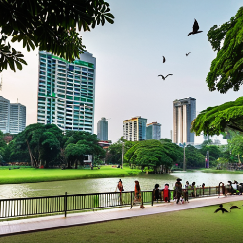 **Prompt:** A bustling Bangkok cityscape with modern buildings interspersed with lush green parks and trees. In the foreground, a monitor lizard casually strolls through a park, coexisting peacefully with people enjoying the space. Birds are flying overhead, and a few bats are visible in the evening sky. The overall tone is harmonious, showcasing urban life and wildlife coexisting in Bangkok.