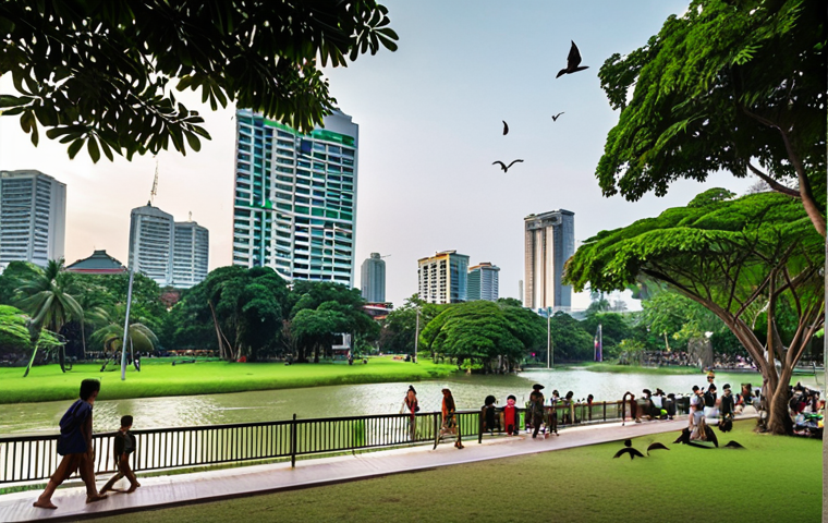 **Prompt:** A bustling Bangkok cityscape with modern buildings interspersed with lush green parks and trees. In the foreground, a monitor lizard casually strolls through a park, coexisting peacefully with people enjoying the space. Birds are flying overhead, and a few bats are visible in the evening sky. The overall tone is harmonious, showcasing urban life and wildlife coexisting in Bangkok.