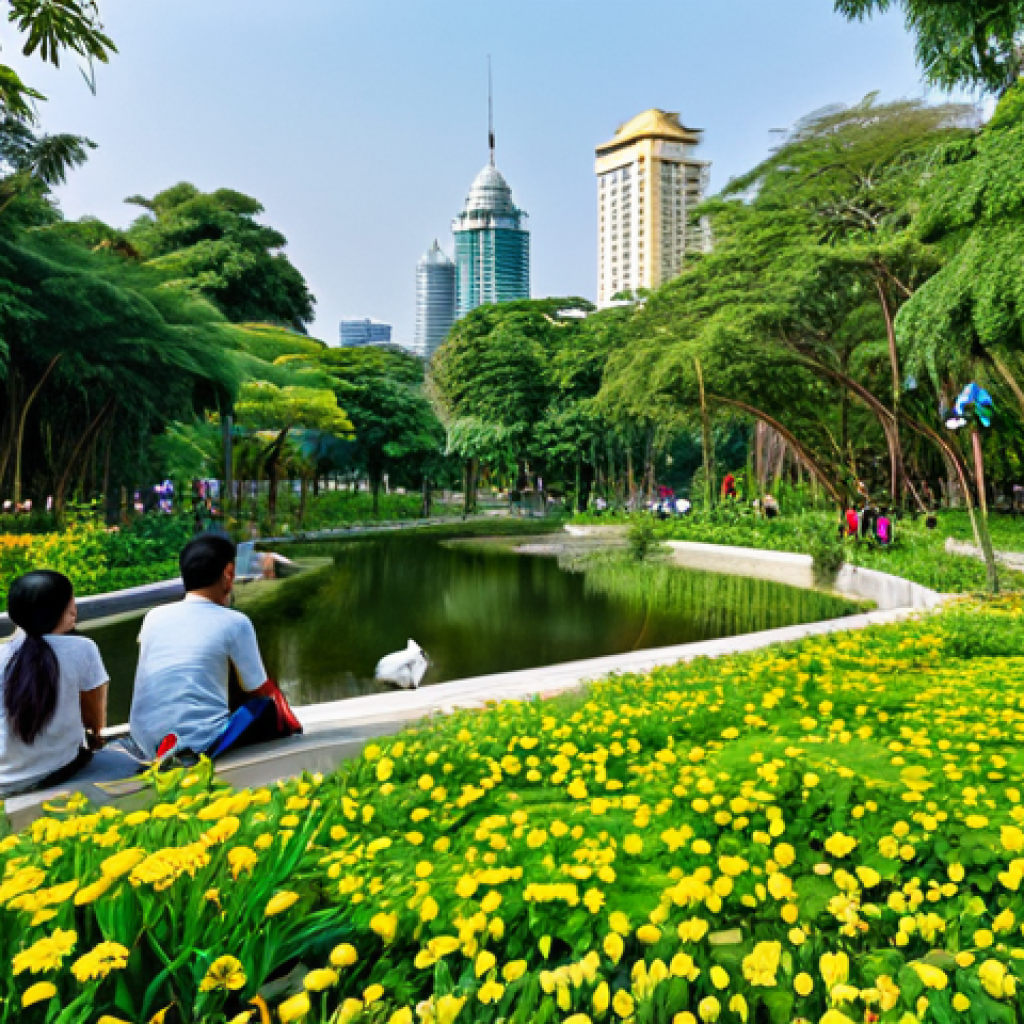 A vibrant, family-friendly scene set in a lush, modern urban park in Bangkok, Thailand. People of diverse backgrounds, fully clothed in modest, appropriate attire, are peacefully enjoying the green space. The park features diverse native plants, flowering trees, and a clean pond, designed to simulate a thriving small ecosystem. Various urban wildlife, such as colorful local birds like sunbirds and magpies, butterflies, and squirrels, are naturally present, coexisting harmoniously with the human activity. The background subtly shows a contemporary city skyline, emphasizing urban integration with nature. Perfect anatomy, correct proportions, natural pose, well-formed hands, proper finger count, natural body proportions. Safe for work, appropriate content, professional quality, high resolution, soft natural light.