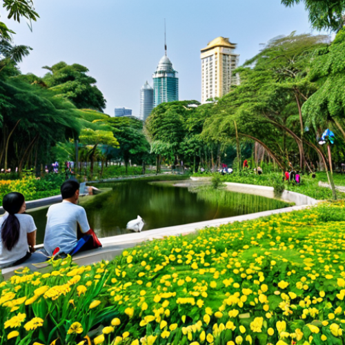 A vibrant, family-friendly scene set in a lush, modern urban park in Bangkok, Thailand. People of diverse backgrounds, fully clothed in modest, appropriate attire, are peacefully enjoying the green space. The park features diverse native plants, flowering trees, and a clean pond, designed to simulate a thriving small ecosystem. Various urban wildlife, such as colorful local birds like sunbirds and magpies, butterflies, and squirrels, are naturally present, coexisting harmoniously with the human activity. The background subtly shows a contemporary city skyline, emphasizing urban integration with nature. Perfect anatomy, correct proportions, natural pose, well-formed hands, proper finger count, natural body proportions. Safe for work, appropriate content, professional quality, high resolution, soft natural light.