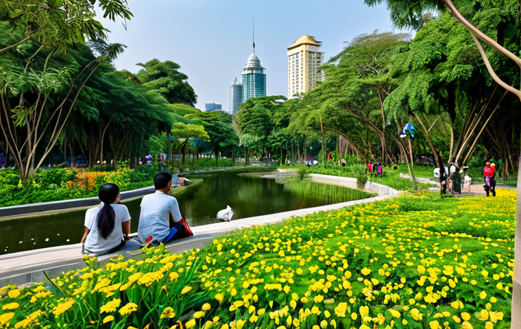 A vibrant, family-friendly scene set in a lush, modern urban park in Bangkok, Thailand. People of diverse backgrounds, fully clothed in modest, appropriate attire, are peacefully enjoying the green space. The park features diverse native plants, flowering trees, and a clean pond, designed to simulate a thriving small ecosystem. Various urban wildlife, such as colorful local birds like sunbirds and magpies, butterflies, and squirrels, are naturally present, coexisting harmoniously with the human activity. The background subtly shows a contemporary city skyline, emphasizing urban integration with nature. Perfect anatomy, correct proportions, natural pose, well-formed hands, proper finger count, natural body proportions. Safe for work, appropriate content, professional quality, high resolution, soft natural light.