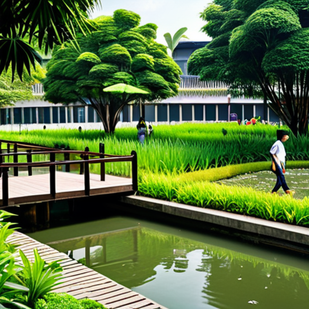 **
A vibrant cityscape with lush green spaces integrated into the urban environment. Showcases native Thai plants, a small pond with birds drinking, and artificial shelters for urban wildlife. People are peacefully coexisting with nature, with families strolling along pathways. fully clothed, modest clothing, appropriate attire, safe for work, perfect anatomy, natural proportions, family-friendly.
**