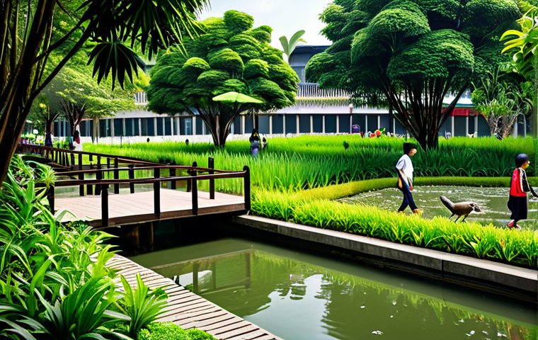**
A vibrant cityscape with lush green spaces integrated into the urban environment. Showcases native Thai plants, a small pond with birds drinking, and artificial shelters for urban wildlife. People are peacefully coexisting with nature, with families strolling along pathways. fully clothed, modest clothing, appropriate attire, safe for work, perfect anatomy, natural proportions, family-friendly.
**