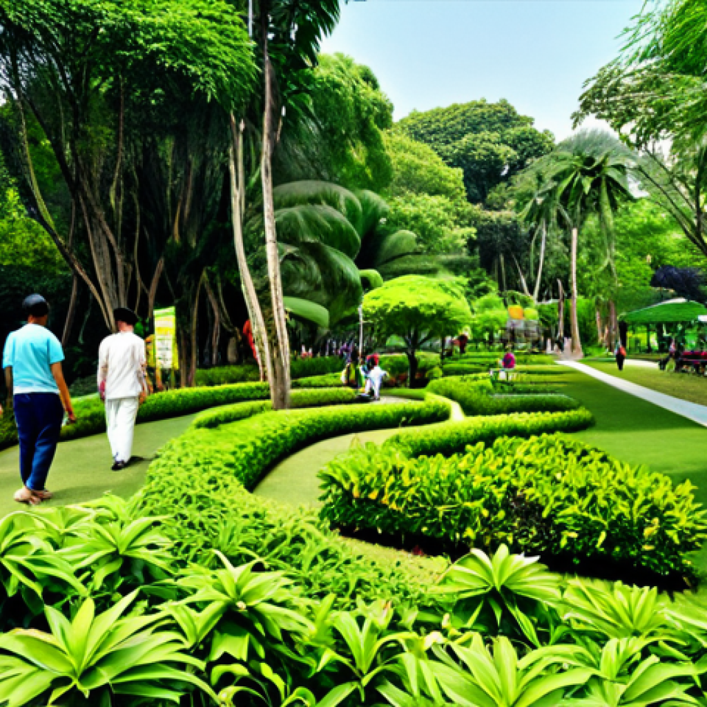 "A community park in Bangkok, Thailand, showcasing lush green spaces with diverse plant life, fully clothed families enjoying leisure activities, appropriate content, safe for work, professional photograph, perfect anatomy, natural proportions, modest attire, sunny day."