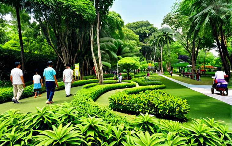 "A community park in Bangkok, Thailand, showcasing lush green spaces with diverse plant life, fully clothed families enjoying leisure activities, appropriate content, safe for work, professional photograph, perfect anatomy, natural proportions, modest attire, sunny day."