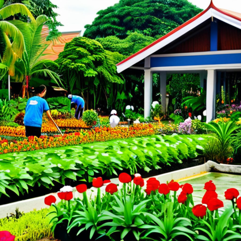 도시에서의 야생 동물 먹이 제공 가이드 - "A vibrant, colorful community garden in Bangkok, Thailand, with various plants and flowers. Fully c...