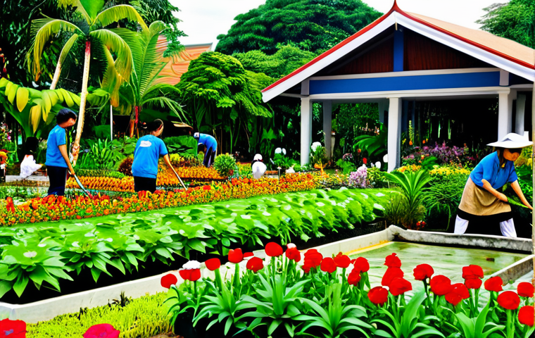 도시에서의 야생 동물 먹이 제공 가이드 - "A vibrant, colorful community garden in Bangkok, Thailand, with various plants and flowers. Fully c...