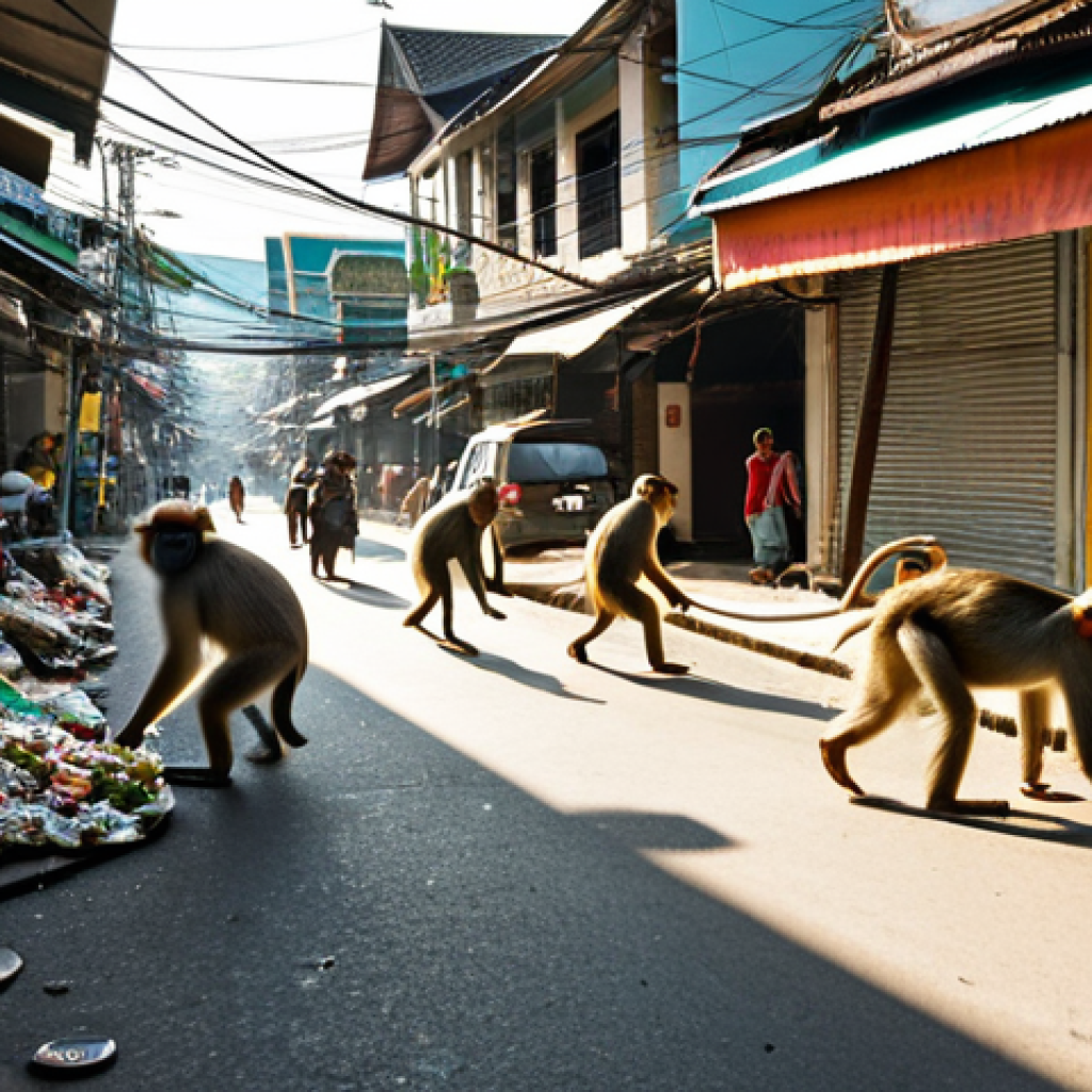 도시의 야생동물 밀집지역 관리 - **Prompt:** A group of long-tailed macaques (Lopburi type) playfully navigating a vibrant, bustling ...