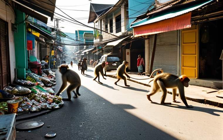 도시의 야생동물 밀집지역 관리 - **Prompt:** A group of long-tailed macaques (Lopburi type) playfully navigating a vibrant, bustling ...