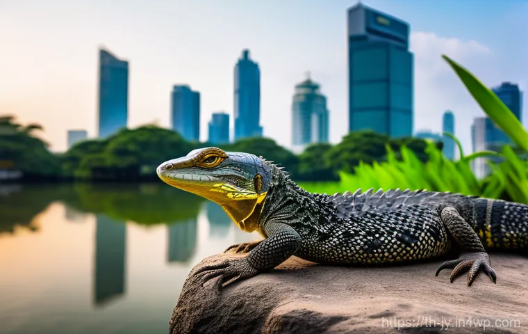 도시에서의 안전한 야생동물 관찰 팁 - Image Prompt 1: The Urban Monitor Lizard**