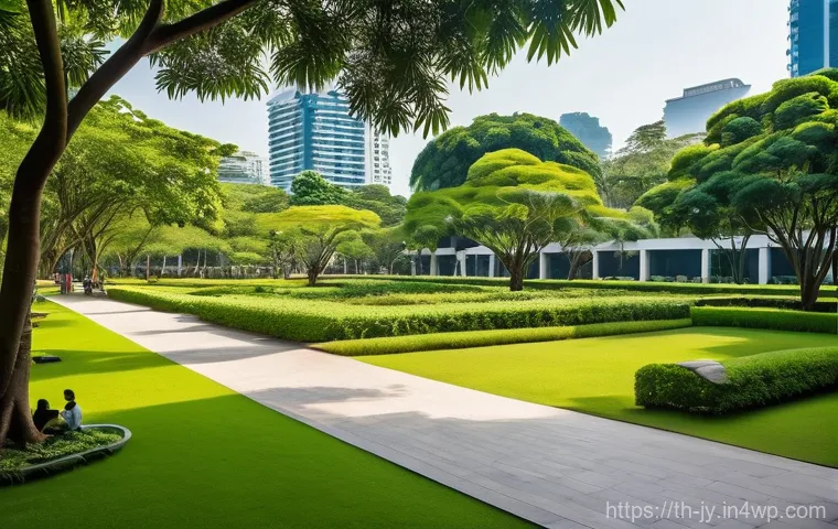 도시 생태계 보호를 위한 교육 프로그램 - **Prompt 1: A Serene Urban Oasis in Bangkok**
"A wide-angle, realistic photograph capturing a vi...