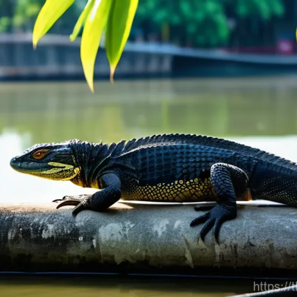 도시 야생동물 보호를 위한 법적 제도 - **Prompt:** A large, majestic Asian water monitor (ตัวเงินตัวทอง) basking peacefully on a sun-drench...