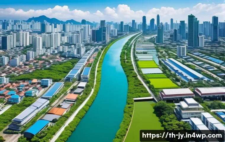 도시에서의 경계선 설정 및 관리 - A detailed aerial view of a modern Thai city showcasing distinct urban zoning: clearly separated res...