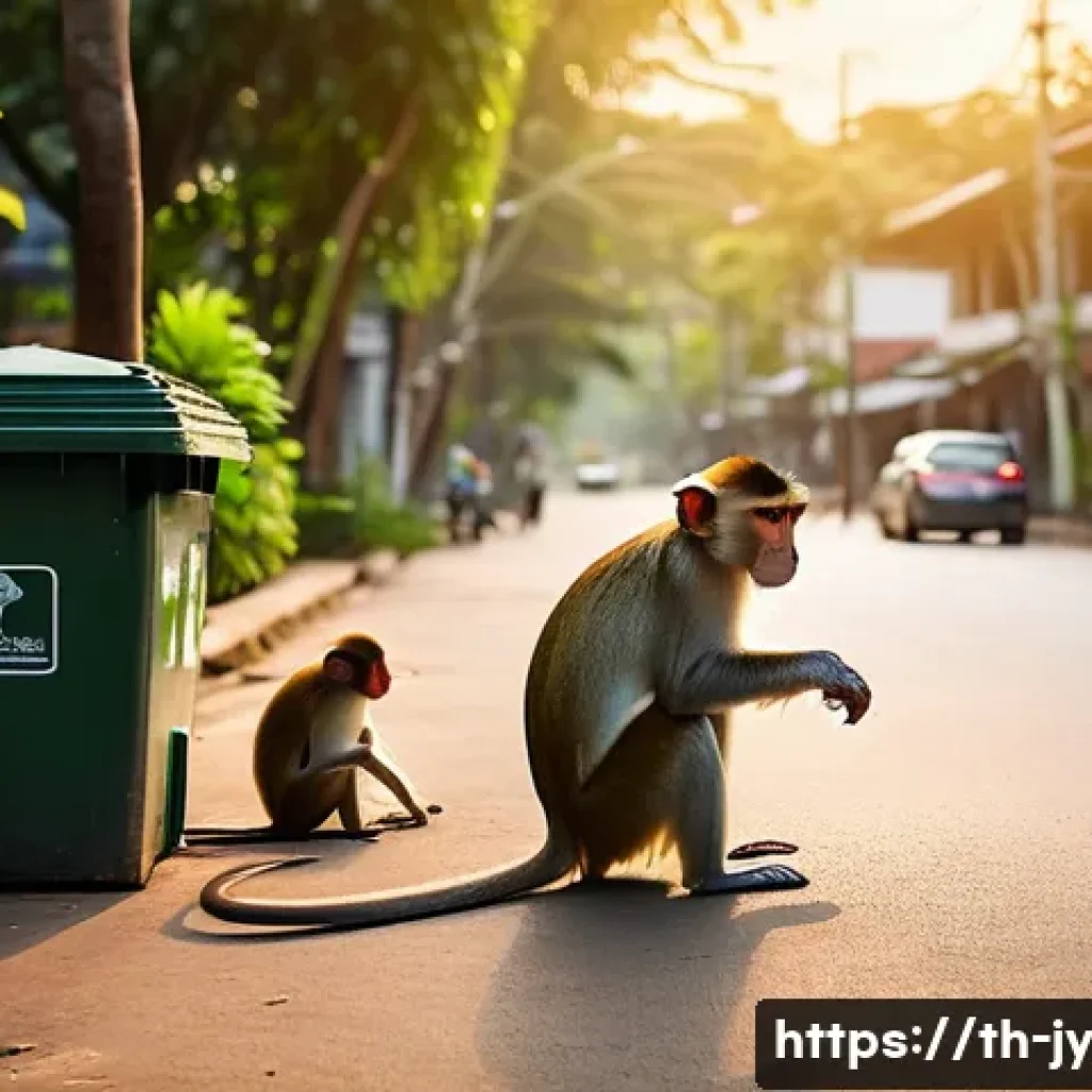 도시에서의 올바른 야생동물 접촉 방법 - A detailed urban scene at dusk showing a group of wild monkeys gathering quietly in a Thai neighborh...