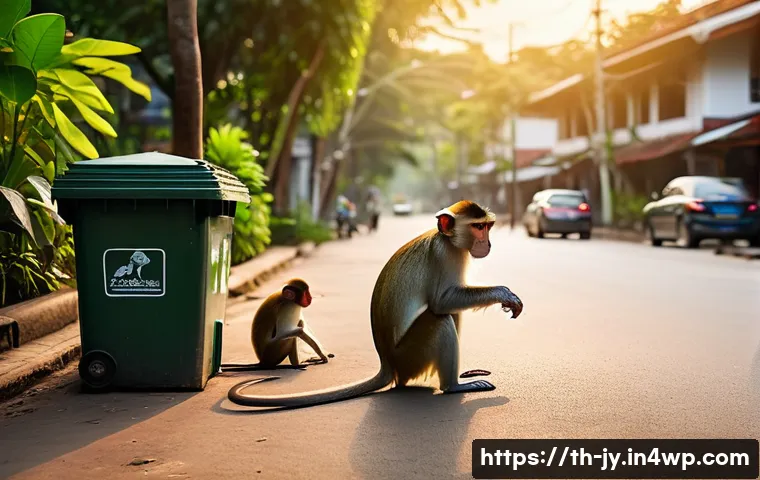 도시에서의 올바른 야생동물 접촉 방법 - A detailed urban scene at dusk showing a group of wild monkeys gathering quietly in a Thai neighborh...