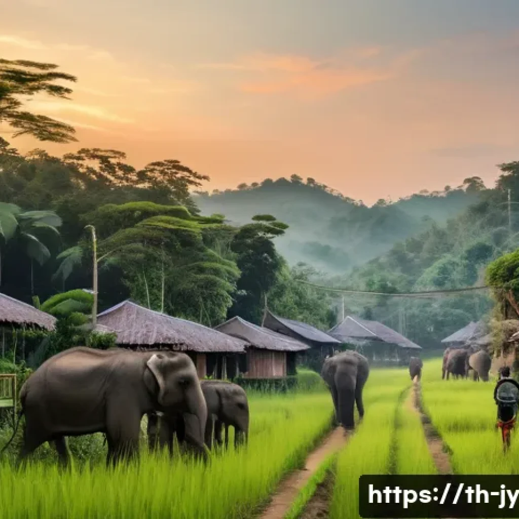 야생동물과의 갈등 해결 사례 - A rural northern Thai village at dusk featuring traditional wooden houses surrounded by lush green f...