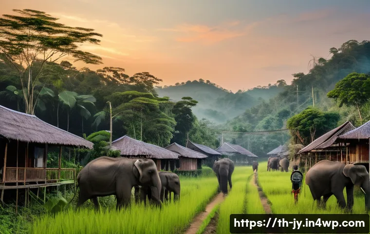 야생동물과의 갈등 해결 사례 - A rural northern Thai village at dusk featuring traditional wooden houses surrounded by lush green f...