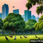 도시의 야생동물 생태 교육의 중요성 - A detailed urban park scene in Bangkok during twilight, featuring native city wildlife such as mynas...