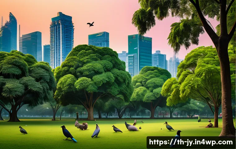 도시의 야생동물 생태 교육의 중요성 - A detailed urban park scene in Bangkok during twilight, featuring native city wildlife such as mynas...