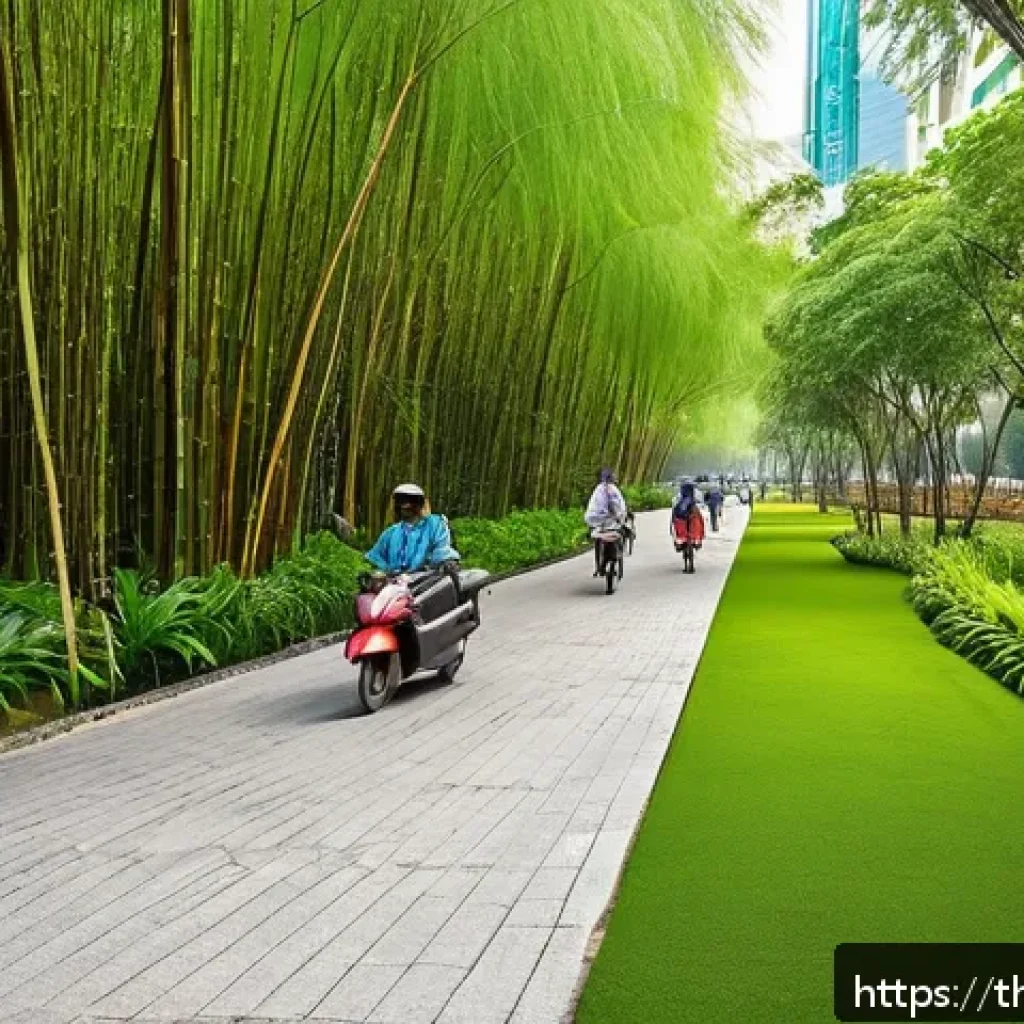 도시의 야생동물 복지를 위한 방안 - A vibrant urban green space in Bangkok featuring interconnected public parks with native Thai plants...