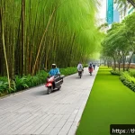 도시의 야생동물 복지를 위한 방안 - A vibrant urban green space in Bangkok featuring interconnected public parks with native Thai plants...