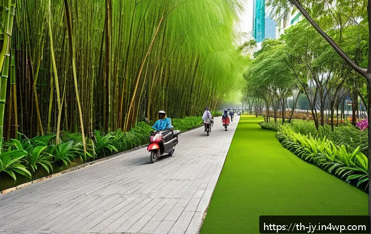 도시의 야생동물 복지를 위한 방안 - A vibrant urban green space in Bangkok featuring interconnected public parks with native Thai plants...