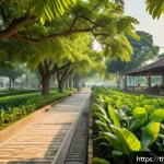 도시에서의 야생동물 보호 캠페인 - A vibrant urban community park scene in Bangkok during early morning, featuring diverse native Thai ...
