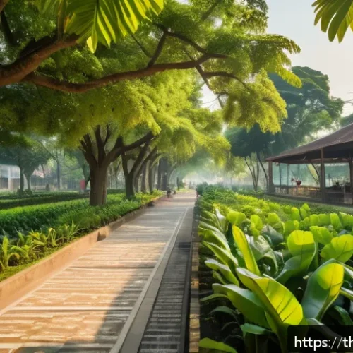 도시에서의 야생동물 보호 캠페인 - A vibrant urban community park scene in Bangkok during early morning, featuring diverse native Thai ...