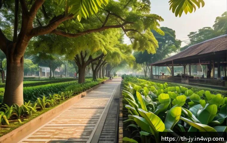 도시에서의 야생동물 보호 캠페인 - A vibrant urban community park scene in Bangkok during early morning, featuring diverse native Thai ...
