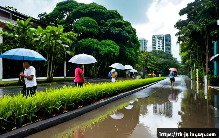 Home 17 도시의 자연 회복력 향상을 위한 방법 - Photorealistic wide-angle view of a resilient Bangkok neighborhood after a tropical rain shower, lus...